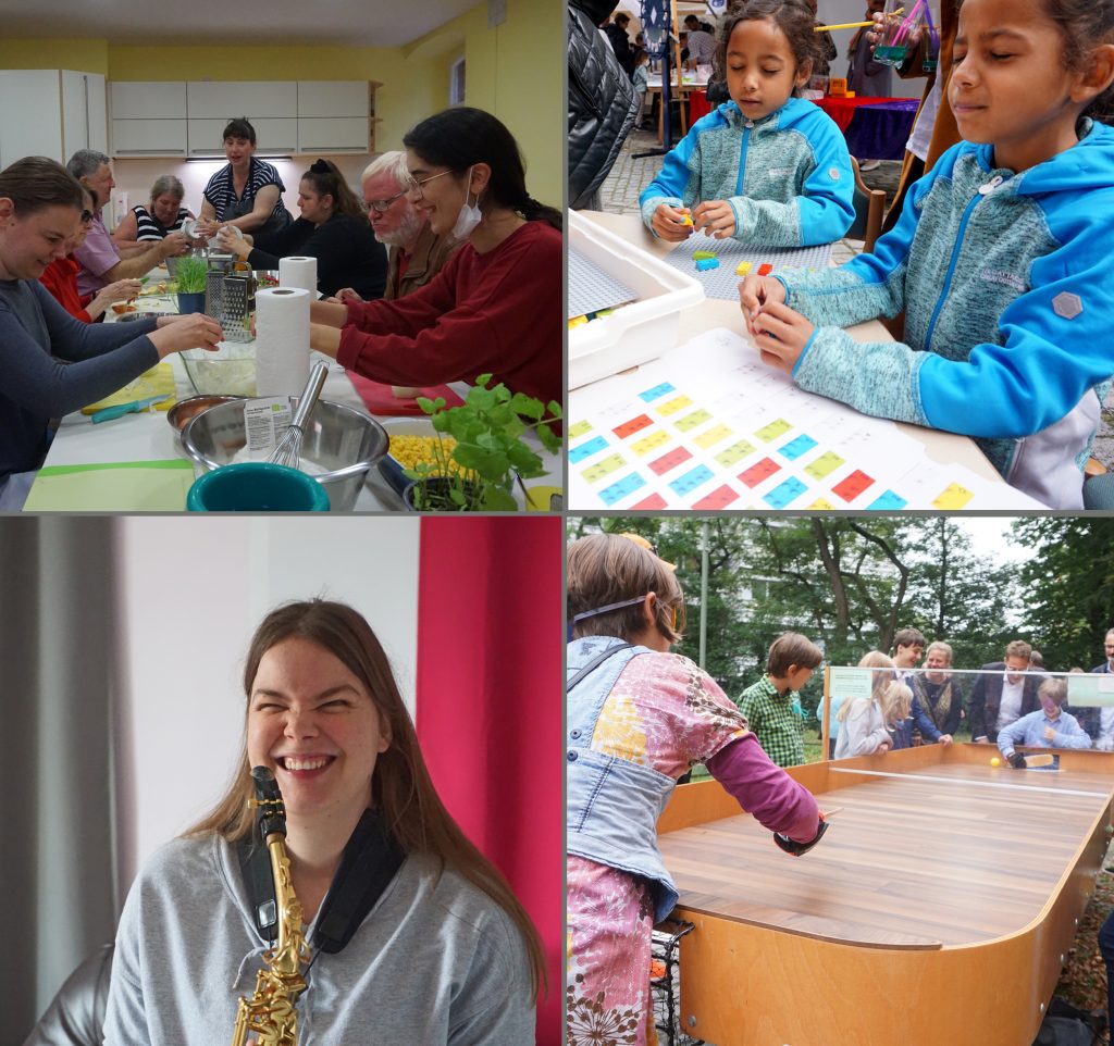 Collage aus vier Bildern - Gemeinsames Kochen, Kinder erfühlen von Braillelego, eine Frau mit Saxophon und Personen spielen Showdown